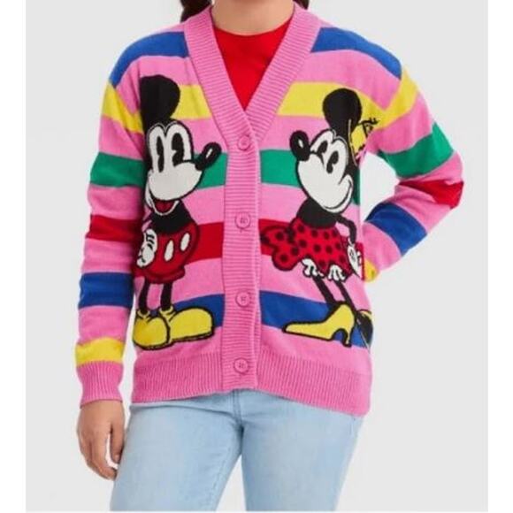 Disney 100 Years Mickey Minnie Pink Girls' Retro Striped Cardigan Large - Picture 1 of 4